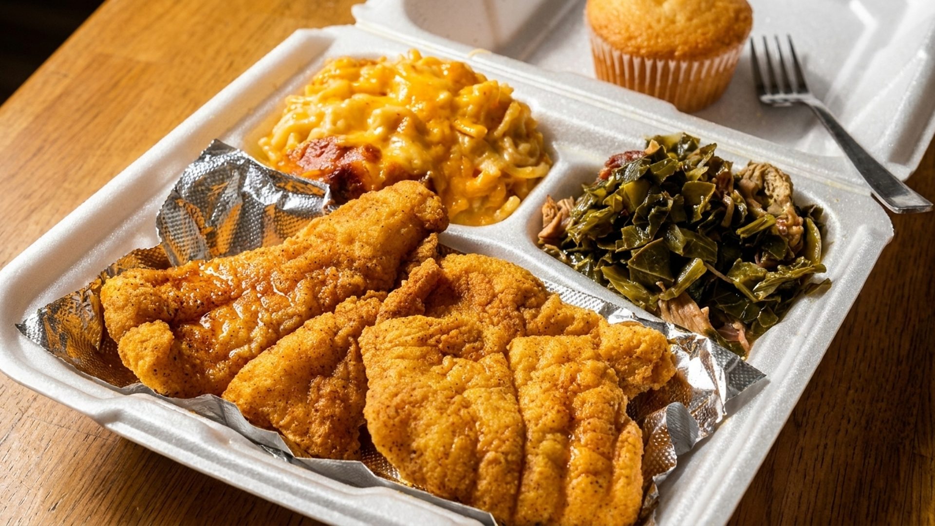 Fried Chicken, Mac & Cheese, Collard Greens