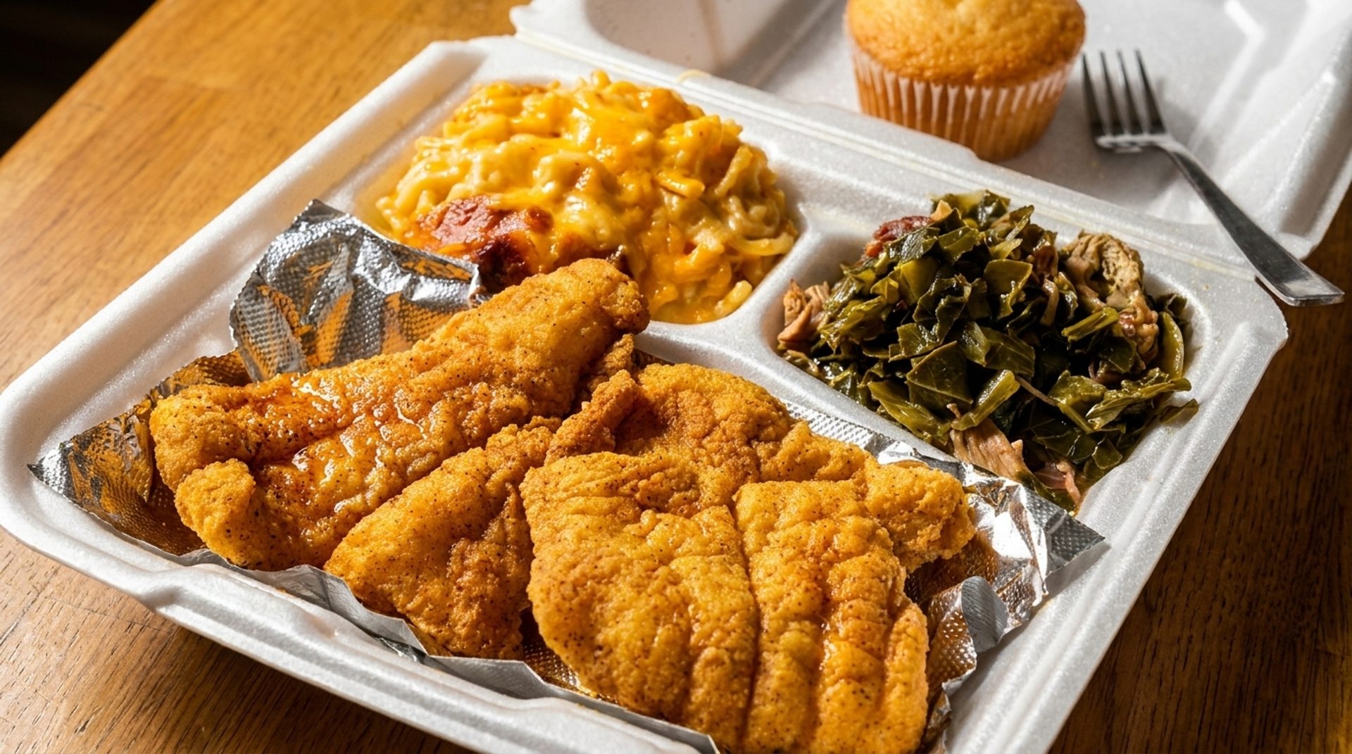 Fried Chicken, Mac & Cheese, Collard Greens