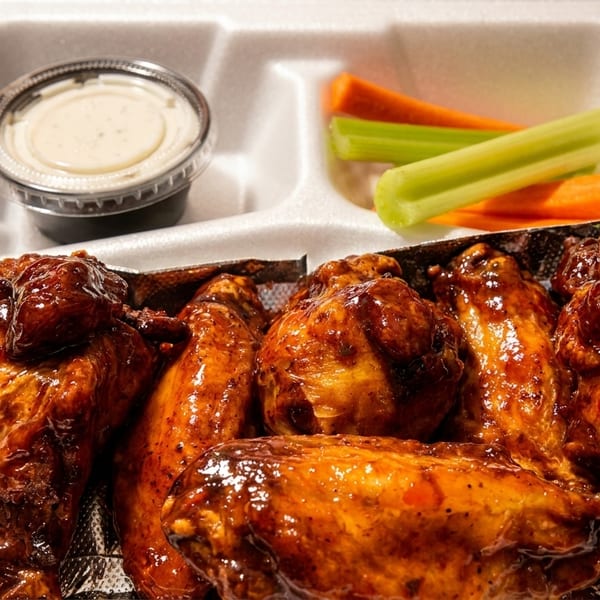 Glossy BBQ chicken wings with ranch, celery, and carrots