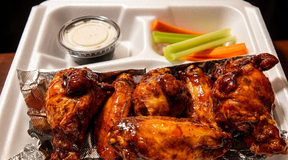 Glossy BBQ chicken wings in a takeout container with ranch, celery, and carrots.