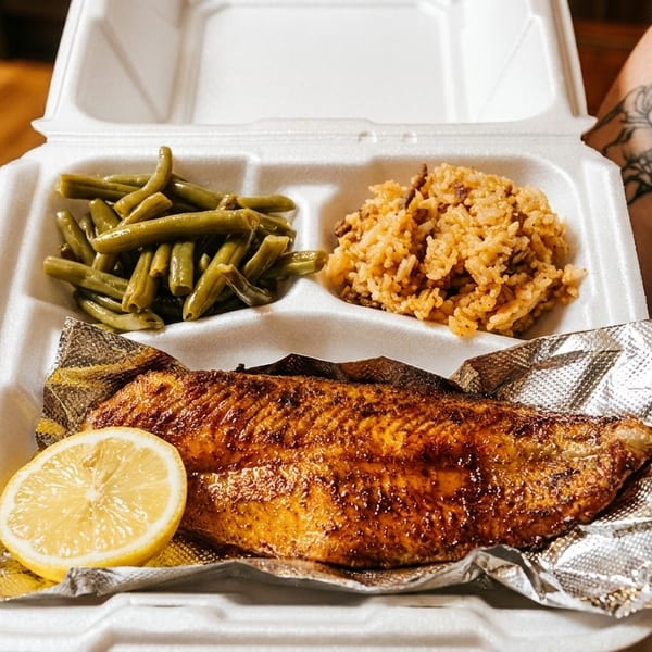 Seasoned fish fillet with lemon, green beans, and rice