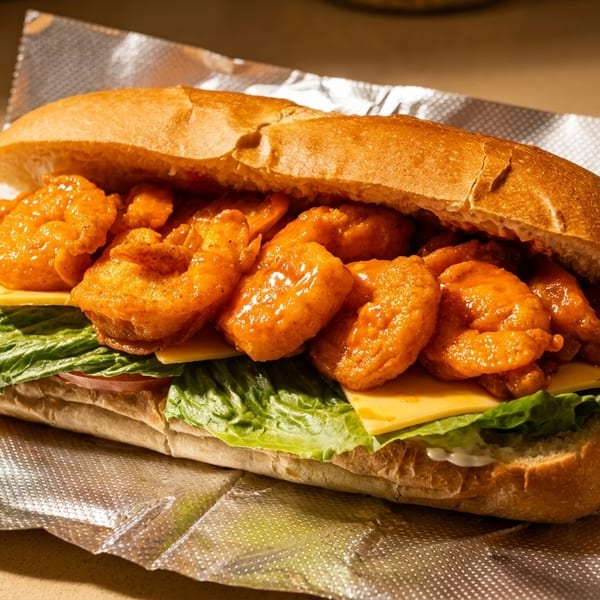 Shrimp po'boy with lettuce, cheese, and sauce