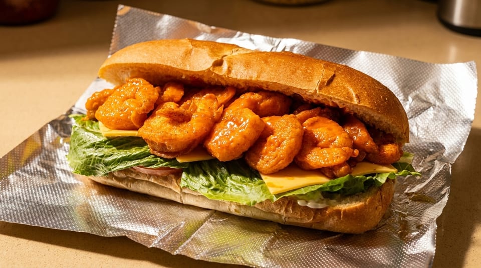 A shrimp po'boy sandwich with lettuce, cheese, and sauce on foil.