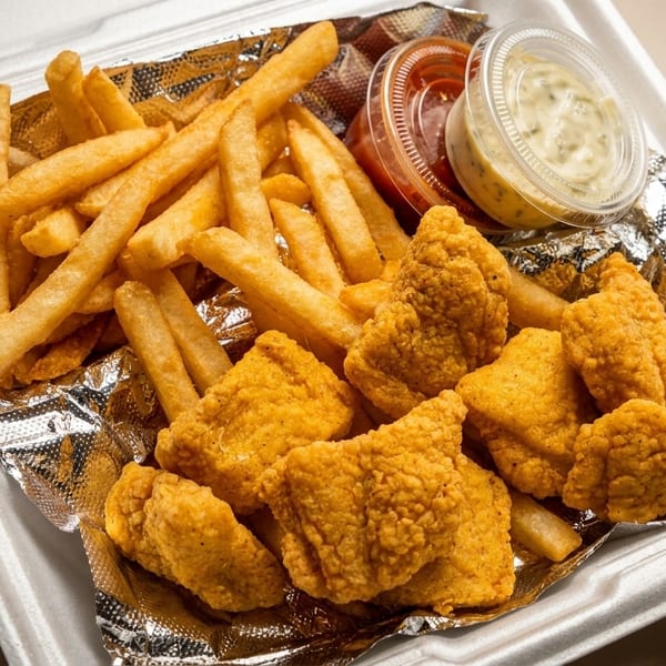 Fried fish and fries with ketchup and tartar sauce