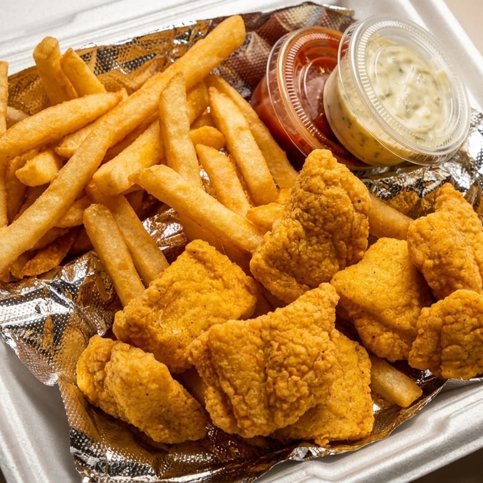 Fried fish and fries with ketchup and tartar sauce