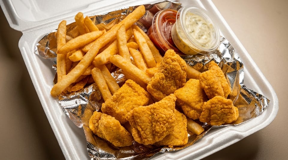 Fried fish and french fries with ketchup and tartar sauce in a white takeout container.